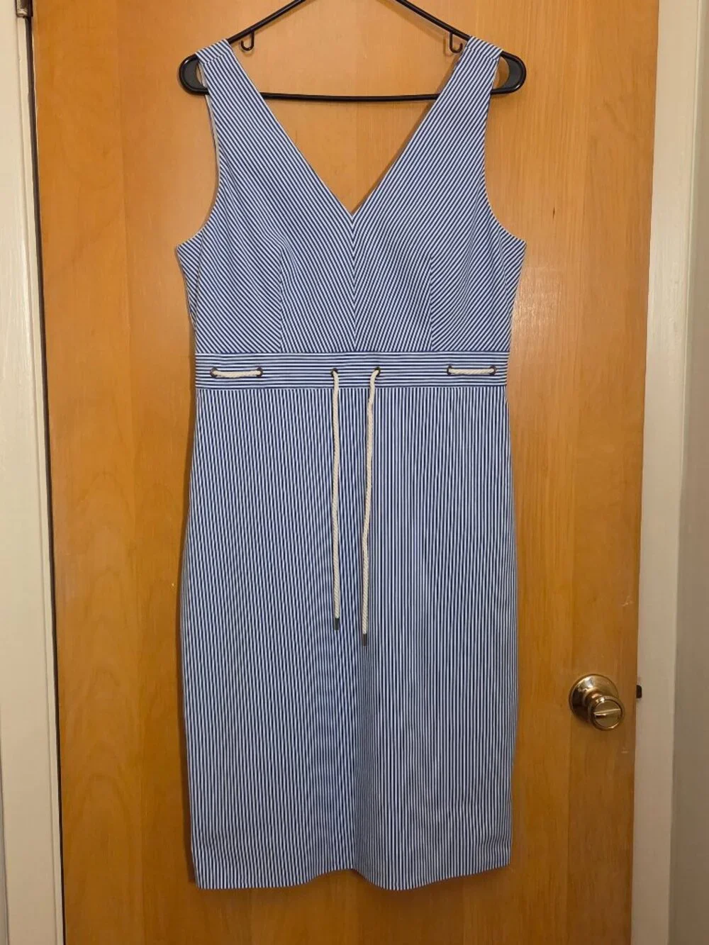 J Crew Sleeveless Midi Sheath Dress Womens 10 Blue Striped Nautical Coastal